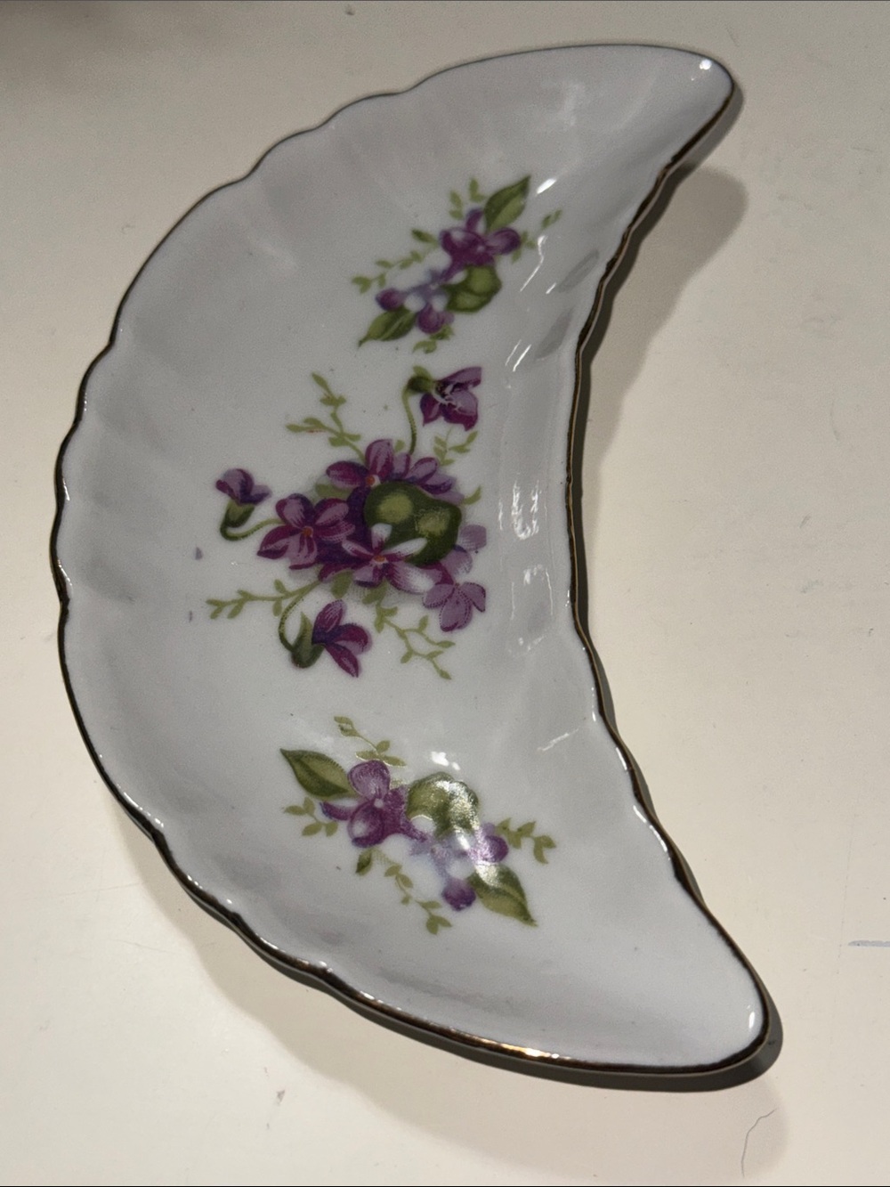 Vintage White Porcelain Crescent Bone Dish with Purple Floral Accent